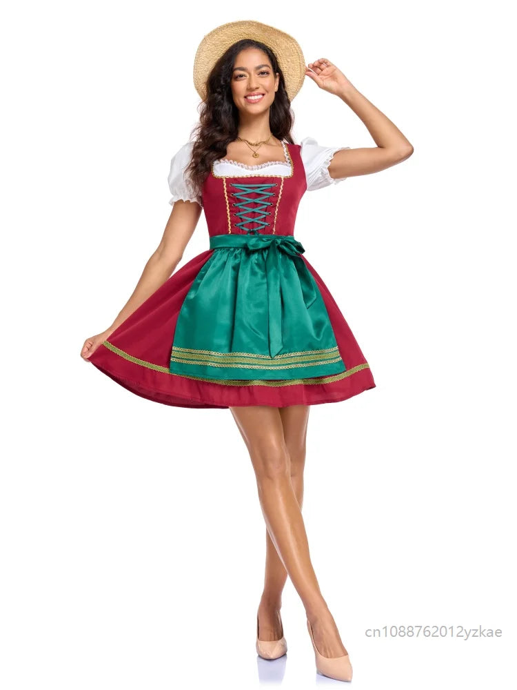 Traditionel kort rød og grøn dirndl-kjole til kvinder med korte ærmer