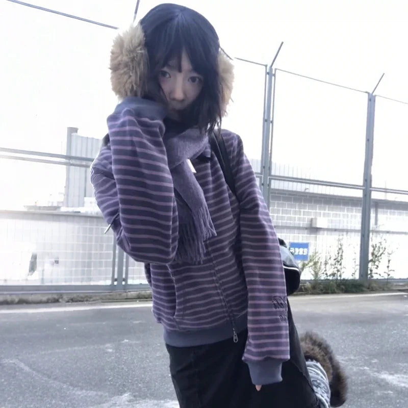 Women's Casual Purple and Charcoal Striped Zip-Up Hoodie