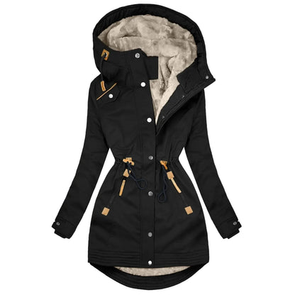 Chaqueta impermeable para mujer con capucha estilo trench, forro cálido, corte largo de moda, abrigo cortavientos urbano
