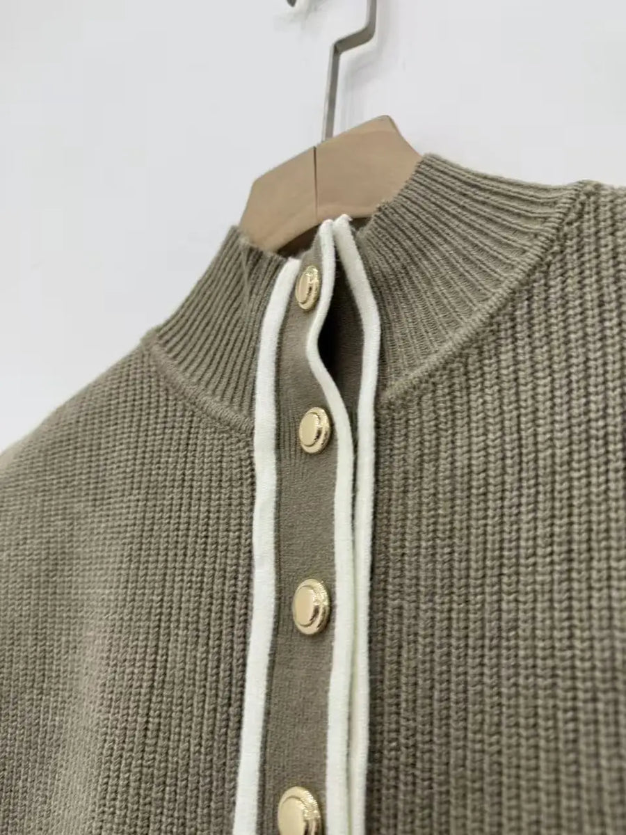 Women's khaki green knitted sleeveless sweater vest with mock neck and gold button details