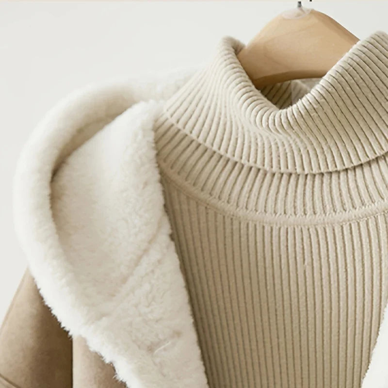 Veste à capuche beige doublée imitation fourrure femme, coupe décontractée