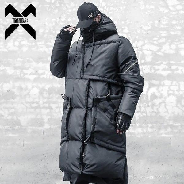 Doudoune longue noire à capuche pour homme avec zips apparents