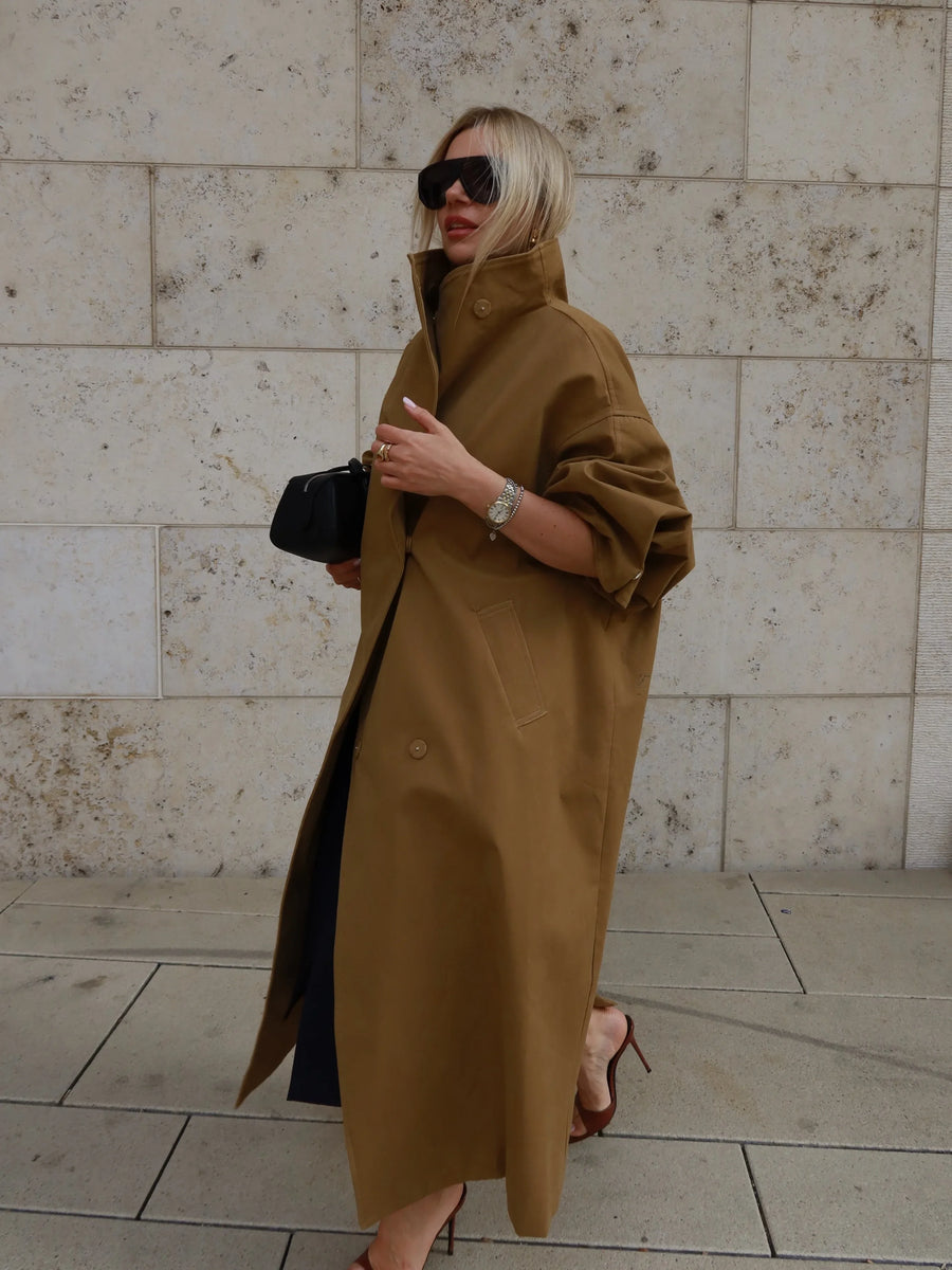 Trench-coat ample pour femme, long ou court, avec ceinture et col montant