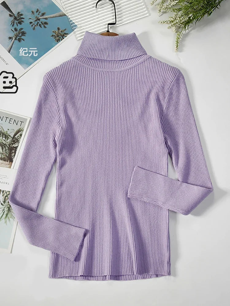 Damen-Rollkragenpullover aus Rippstrick mit langen Ärmeln, einfarbig