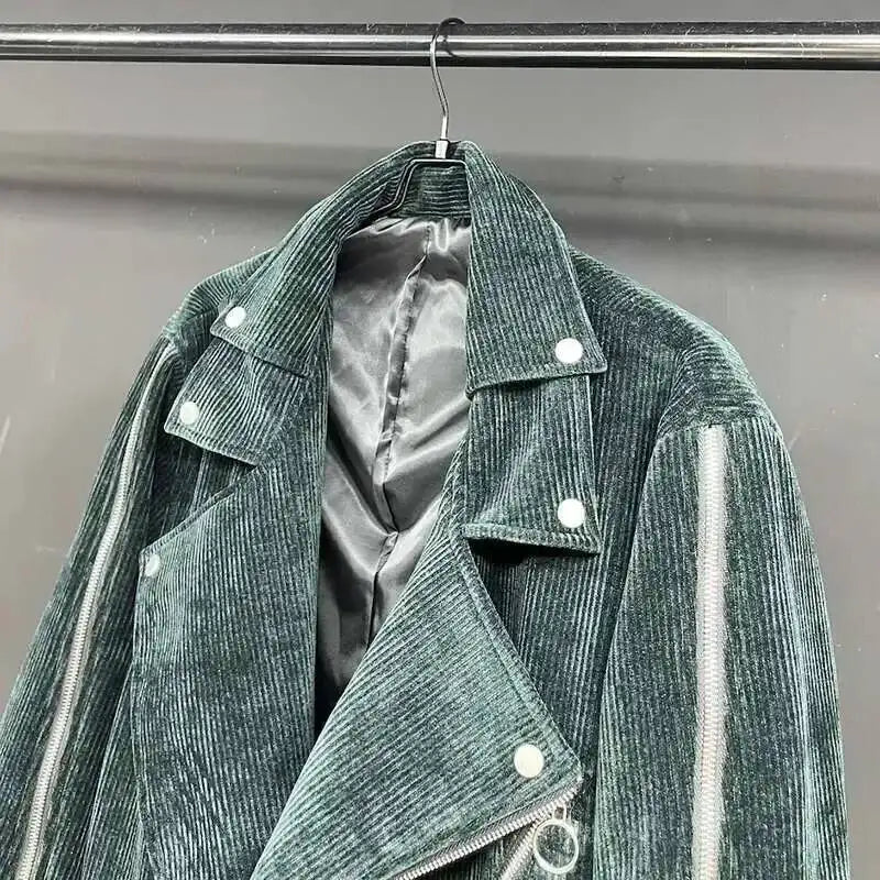 Abrigo largo acanalado verde oscuro para hombre, de estilo motero y con cremallera
