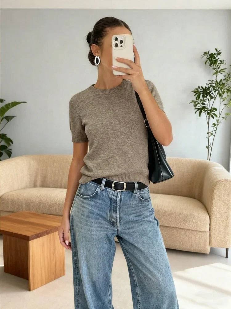 Women's solid-color short-sleeve crew-neck knitted T-shirt