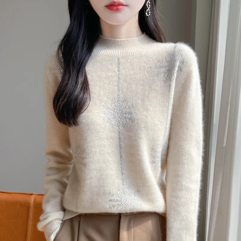 Pull femme col montant rouge à motifs flocons strass manches longues