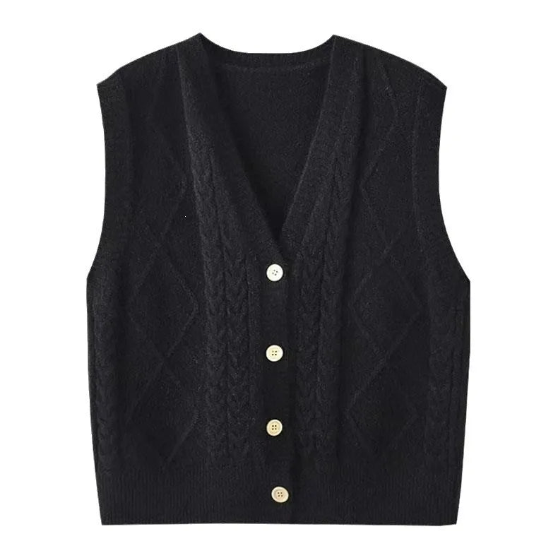 Gilet smanicato da donna in maglia lavorata a punto rasato con scollo a V e bottoni