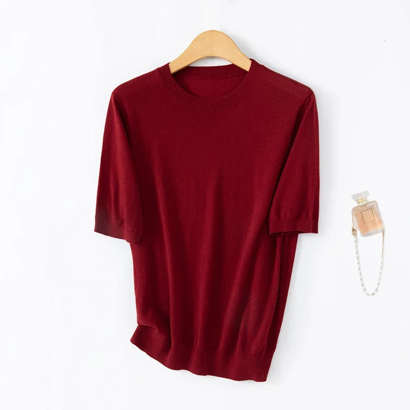 T-shirt casual da donna in maglia a maniche corte con collo rotondo e tinta unita