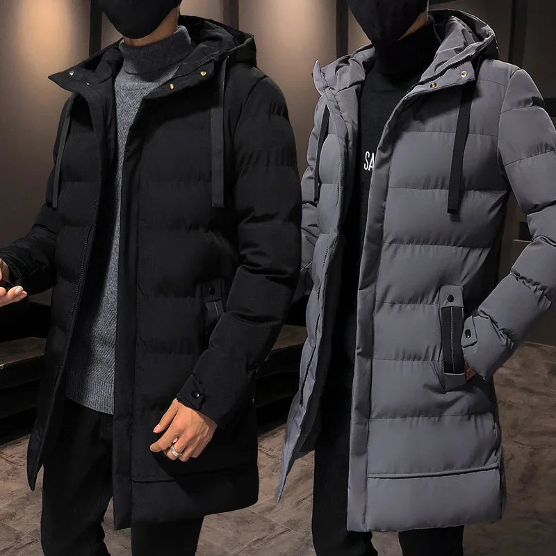 Manteau matelassé long pour homme à capuche – Épais, Chaud, Gris