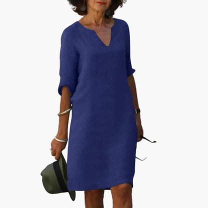 Robe Femme Élégante Décontractée à Col V et Manches 3/4 – Style Polyvalent pour Bureau et Loisirs