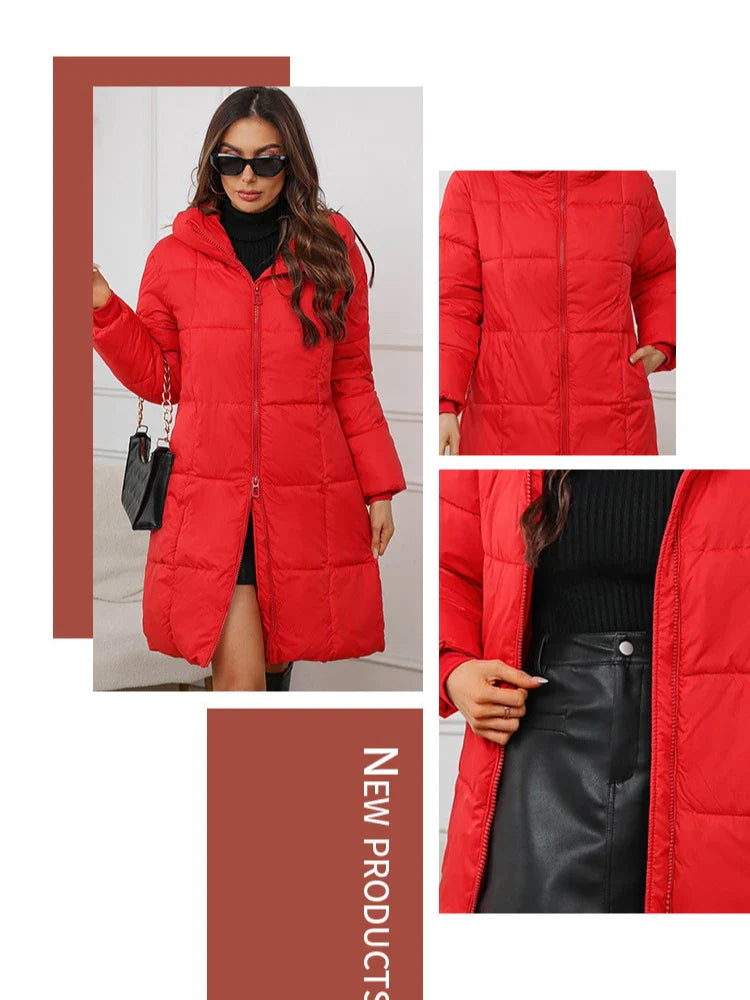 Cappotto Piumino Lungo Donna Stile Urbano Inverno Elegante con Cappuccio