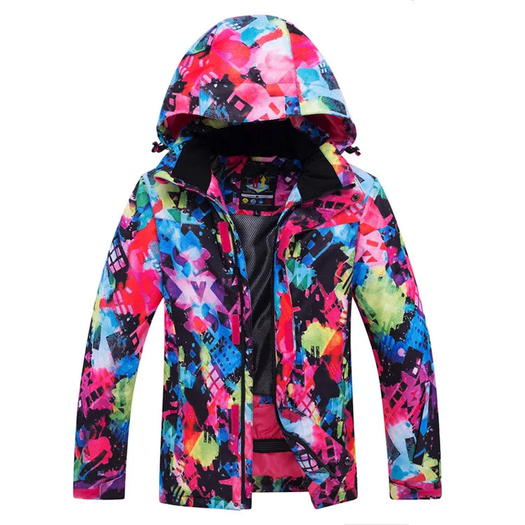 Veste de ski imperméable multicolore à capuche et motif abstrait pour sports d'hiver