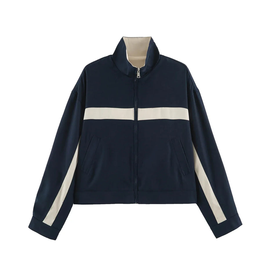 Damenblouson mit Stehkragen, Reißverschluss und kontrastierenden Streifen