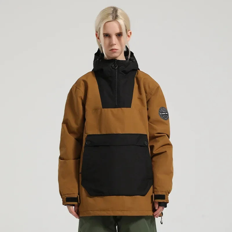 Damen-Anorak-Skijacke mit Kapuze, wasserdicht und winddicht, mit großer Fronttasche