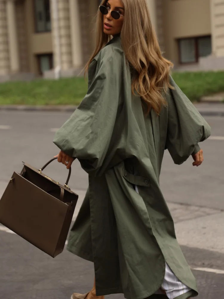 Women's Oversized Mid-Length Khaki Green Trench Coat with Puff Sleeves