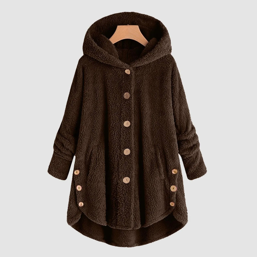 Manteau à Capuche Doux Femme, Boutons et Ourlet Asymétrique, Plusieurs Couleurs