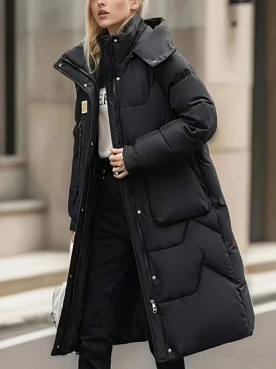 Doudoune longue matelassée à capuche pour femme – Noir