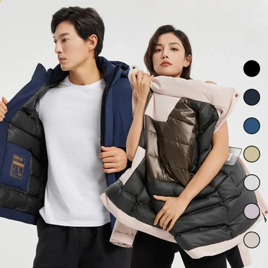 Unisex quilted hooded puffer jacket, windproof and waterproof, for outdoor use