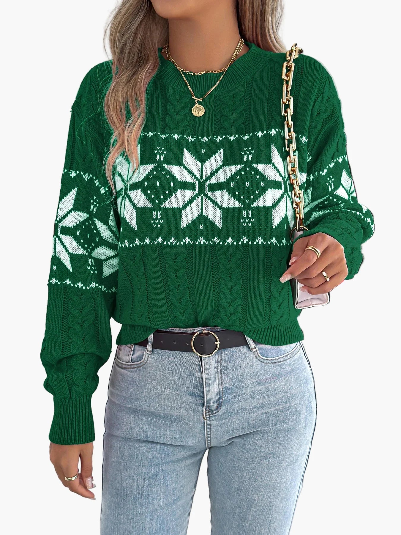 Damen Weihnachts-Pullover im nordischen Stil mit Schneeflockenmuster, ideal für Winter und Festtage
