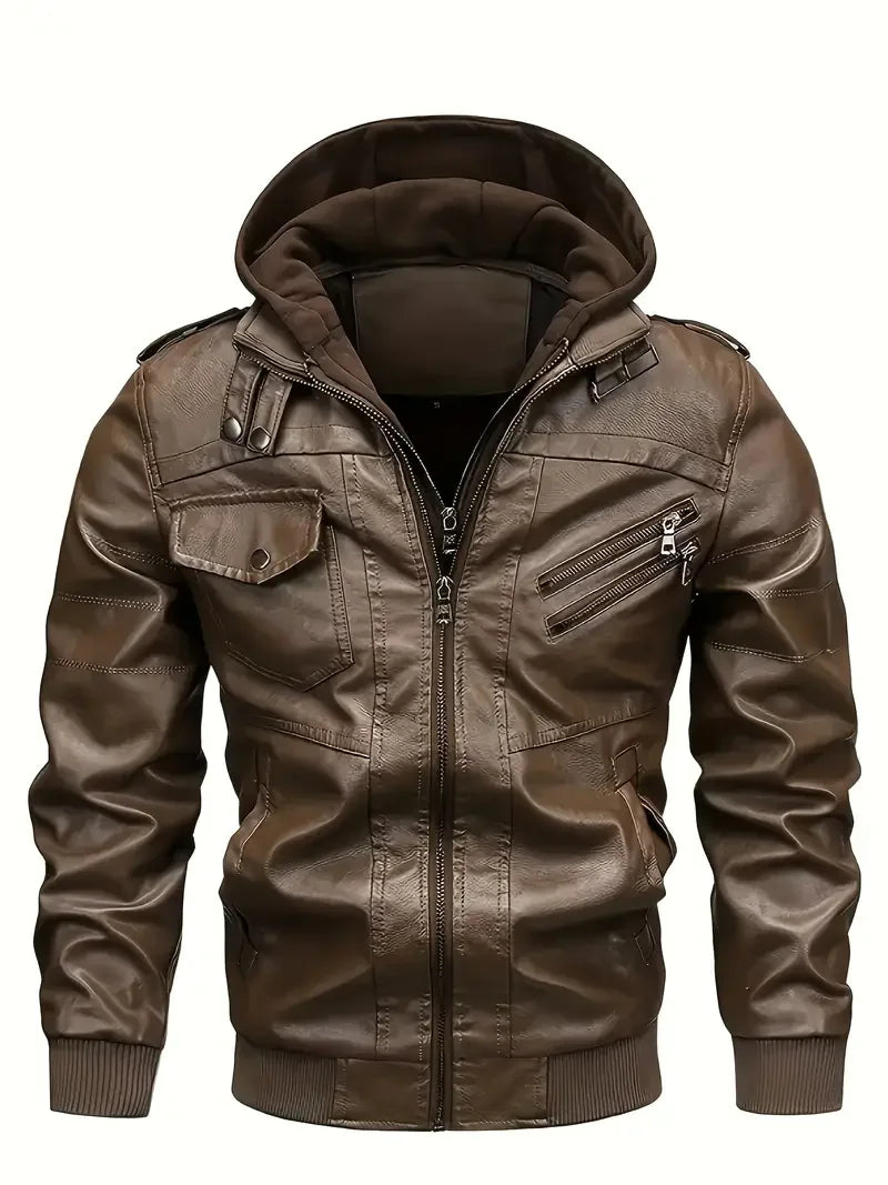 Giacca da uomo in ecopelle con cappuccio staccabile, giacca da moto nera e grigia