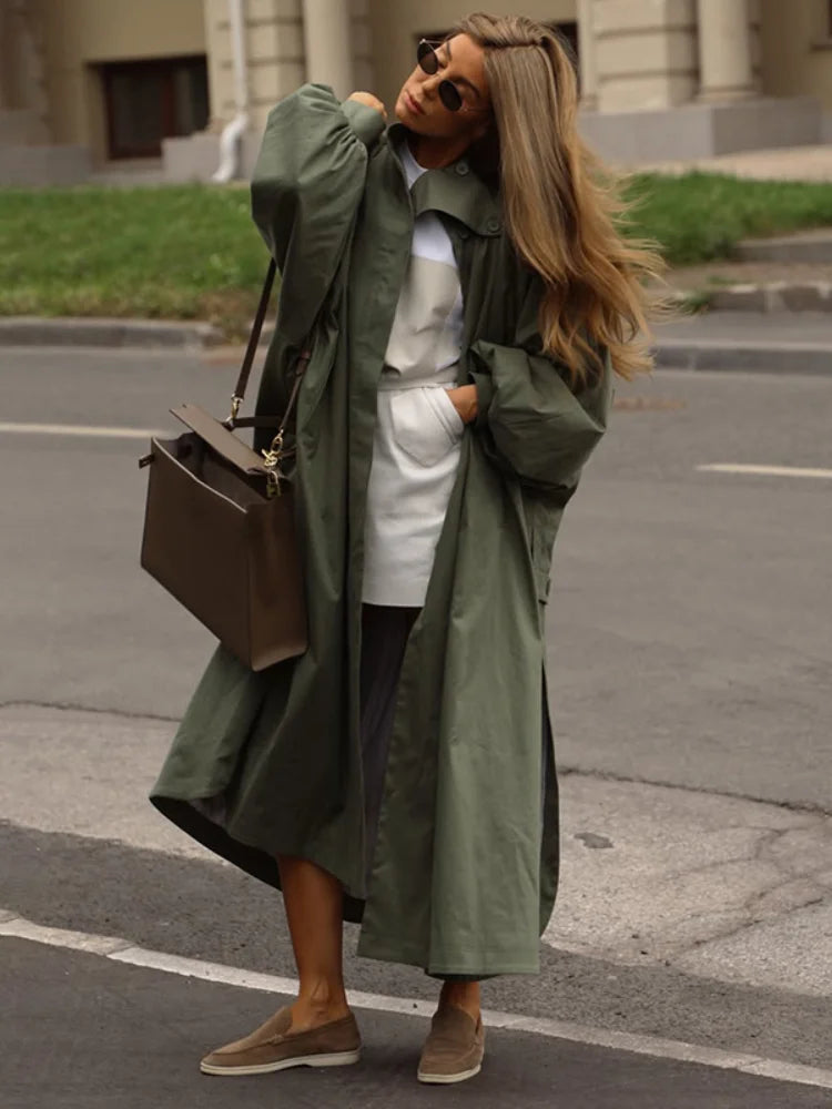 Women's Oversized Mid-Length Khaki Green Trench Coat with Puff Sleeves