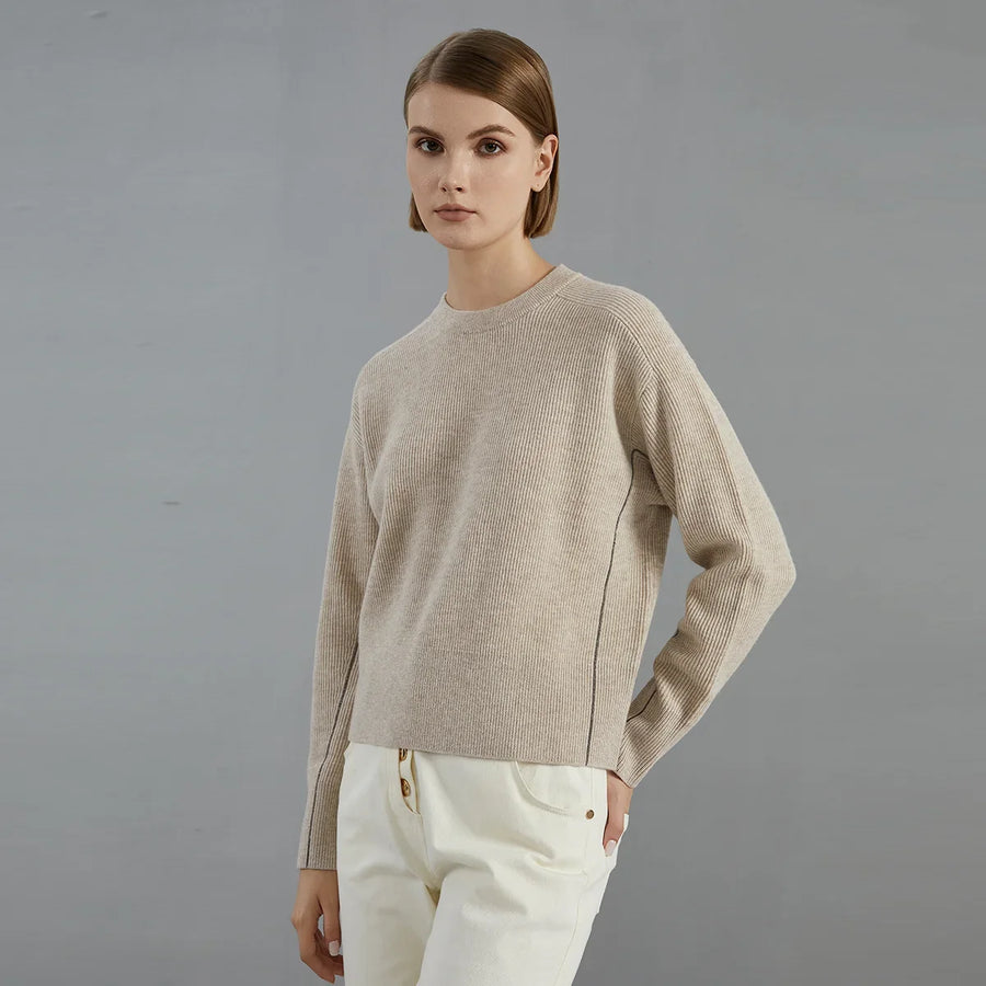 Gerippter Damenpullover mit Rundhalsausschnitt - Cremeweiß, Anthrazitgrau, Beige - Legere Passform