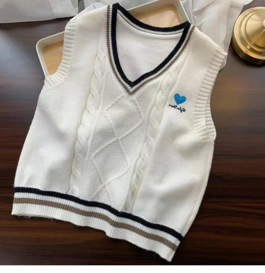 Gilet da donna senza maniche in maglia con scollo a V e motivi a trecce, stile preppy