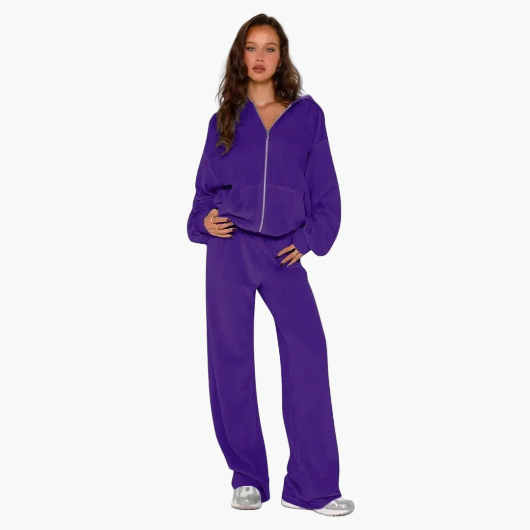 Ensemble Décontracté Style Coréen Femme – Veste à Capuche Zippée et Pantalon Large