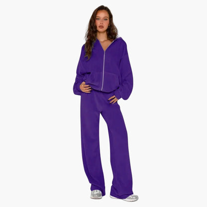 Ensemble Décontracté Style Coréen Femme – Veste à Capuche Zippée et Pantalon Large