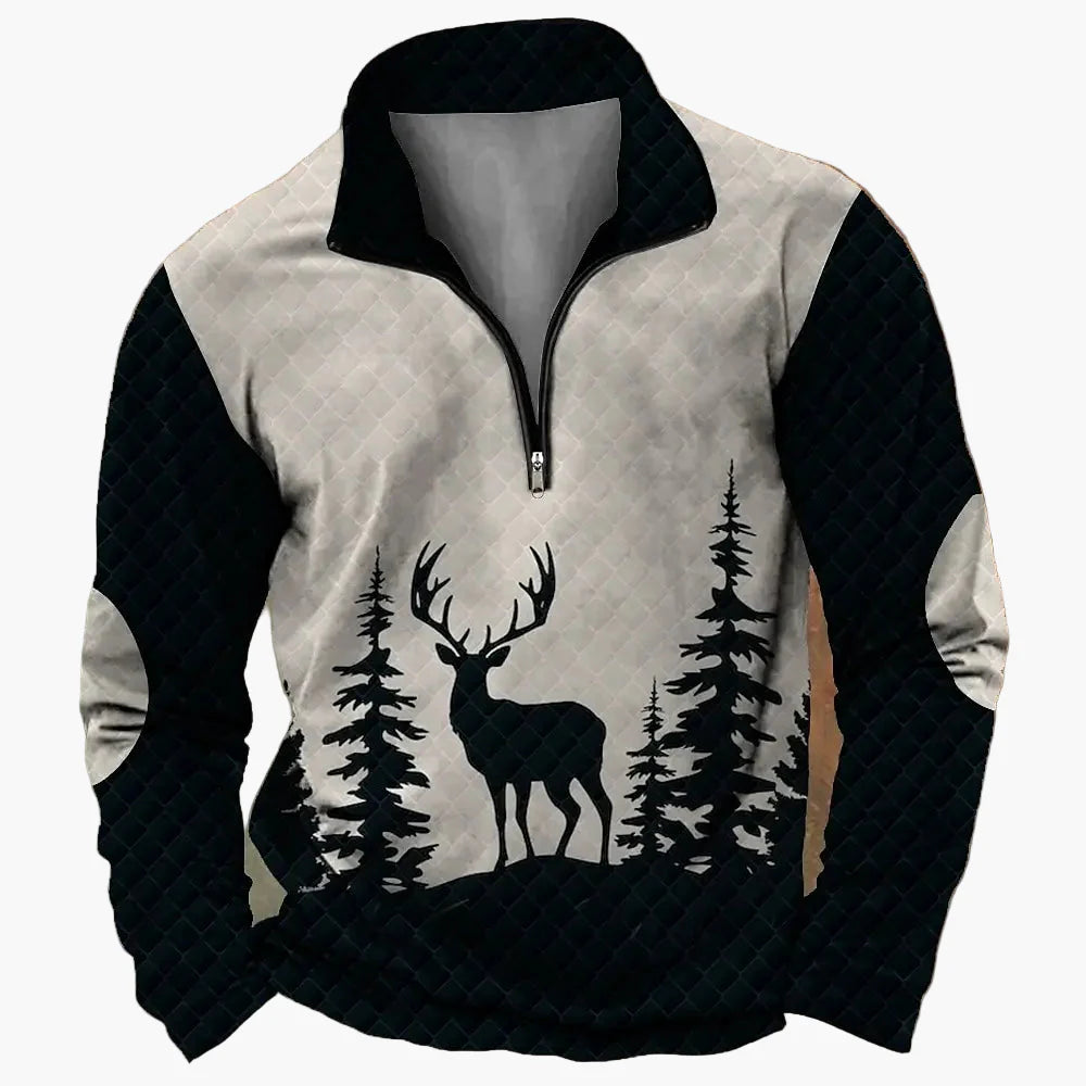 Sweat-shirt Homme Demi-zip Style Chasse Motif Cerf – Décontracté et Tendance