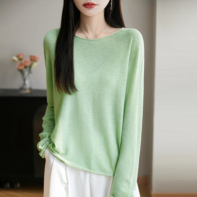 Suéter fino informal de mujer, de manga larga, cuello redondo y color liso