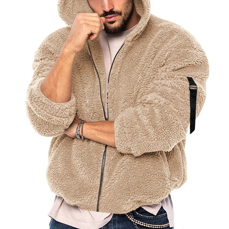 Men's hooded jacket in soft sheepskin-effect fabric, zippered, multiple colors