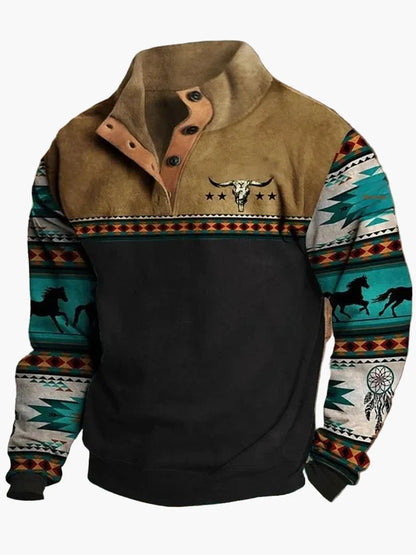 Maglione Uomo Stile Western Vintage con Stampa Etnica e Collo Alto – Casual e alla Moda