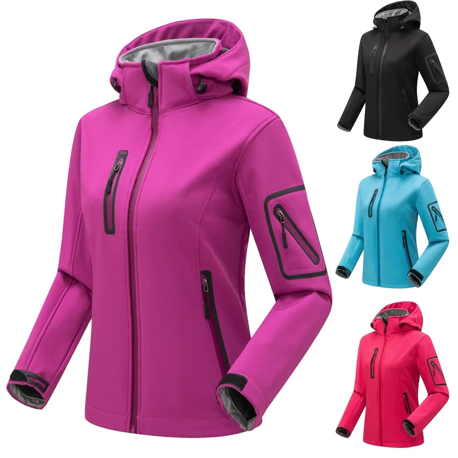 Veste Softshell Femme Zippée Imperméable Respirante Coupe-Vent avec Capuche Amovible