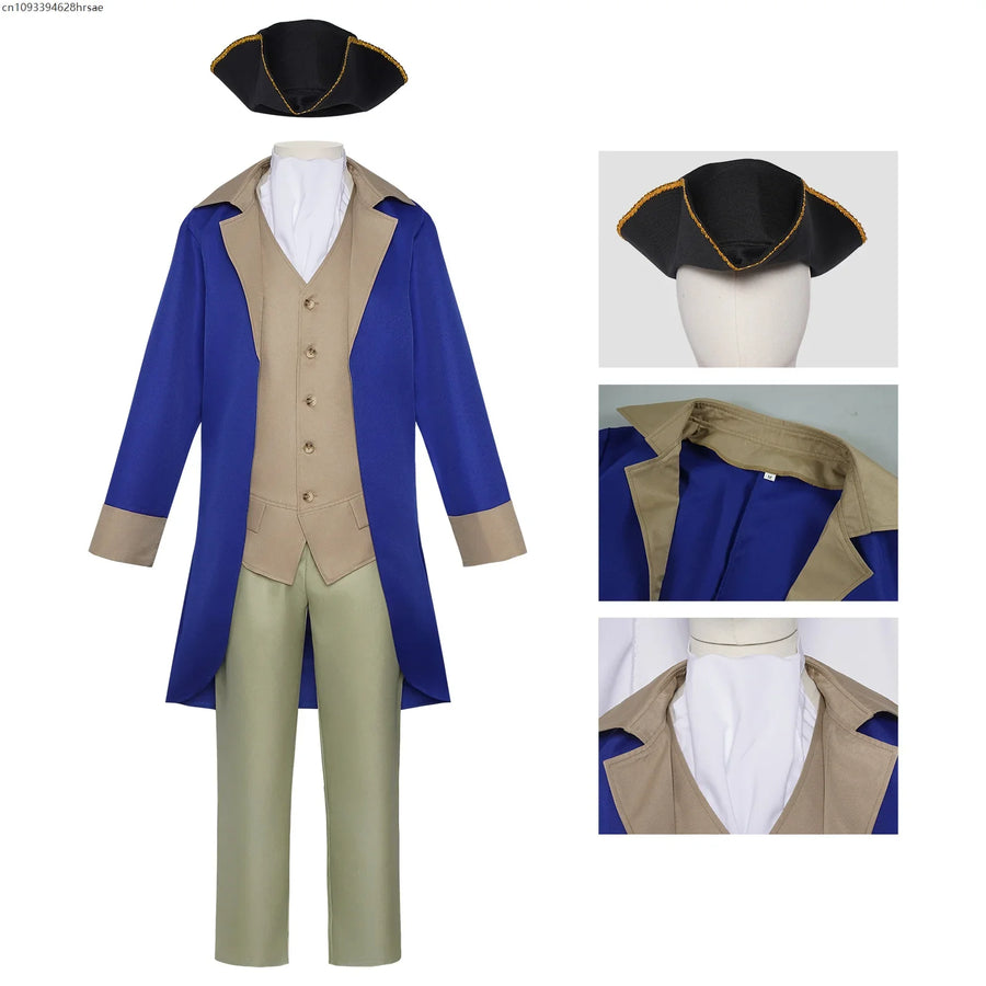 Historisches Herren­kostüm in Blau und Beige mit Dreispitz und Weste