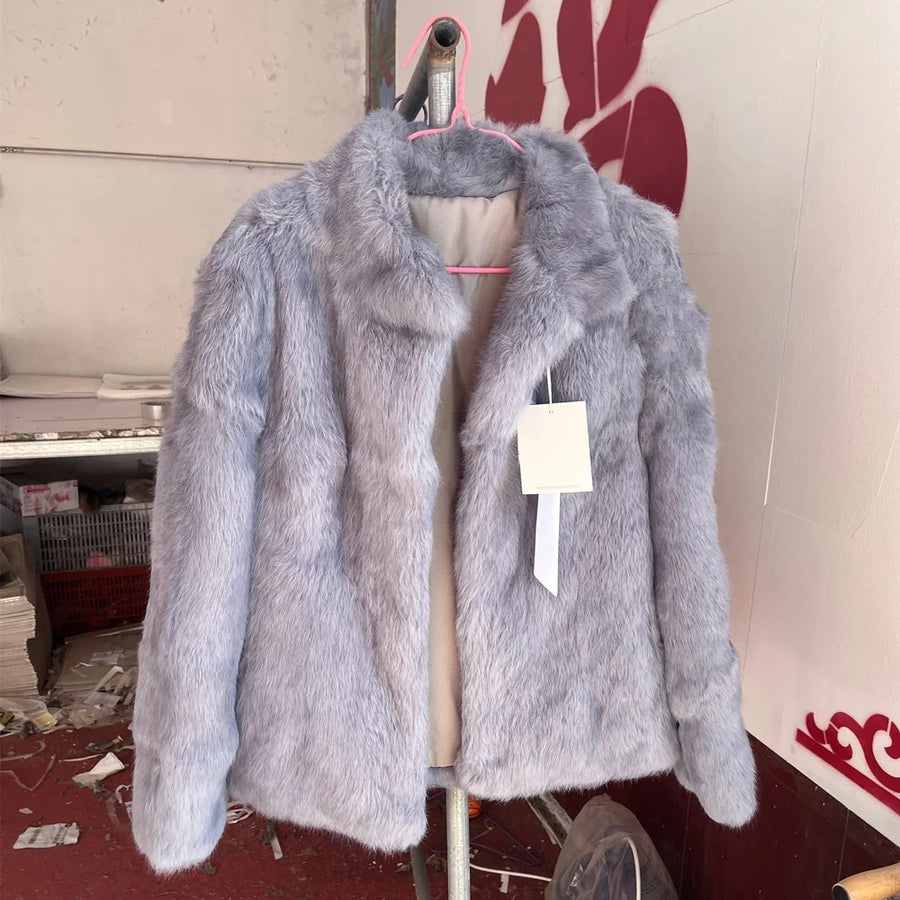 Veste courte femme en fourrure synthétique élégante, col montant, manches longues