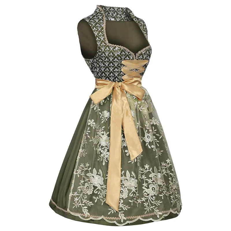 Robe Dirndl Traditionnelle Femme Vert Olive avec Nœud Doré et Broderies Florales