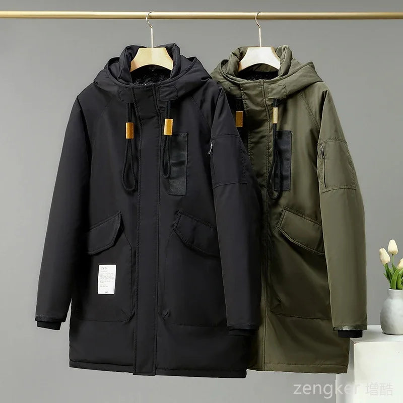 Parka larga acolchada informal con capucha, bolsillos con cremallera y solapa, para hombre