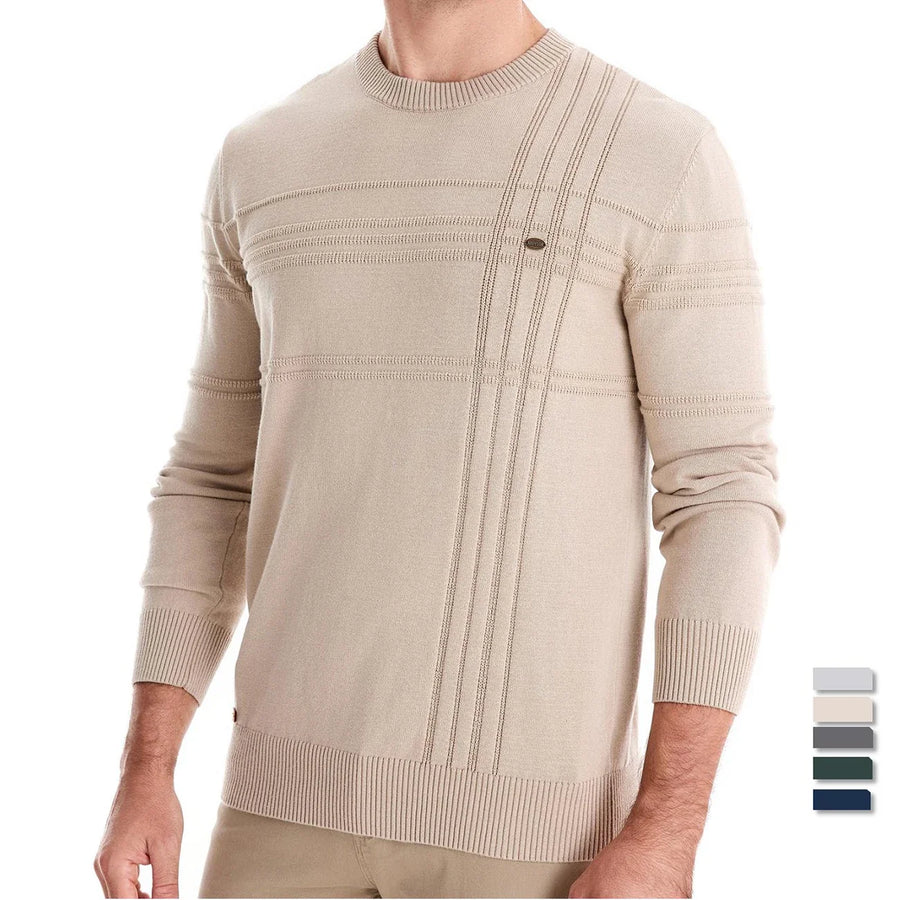 Suéter de hombre de cuello redondo, tejido con motivos texturizados, beige