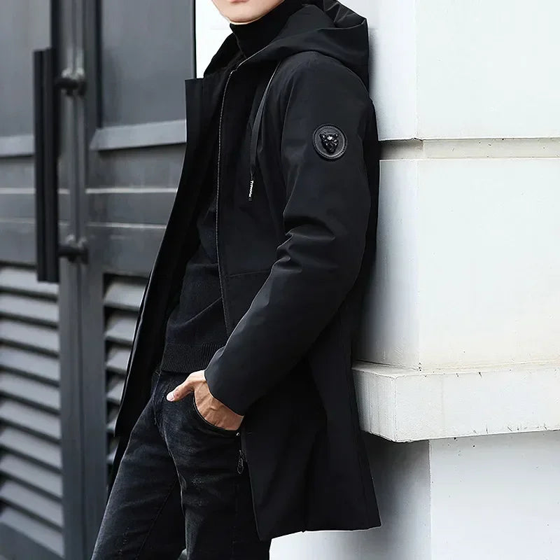 Abrigo largo negro con capucha para hombre, forrado de polar para el invierno