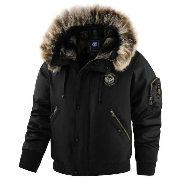 Men's bomber jacket with faux fur-trimmed hood and warm lining, Black