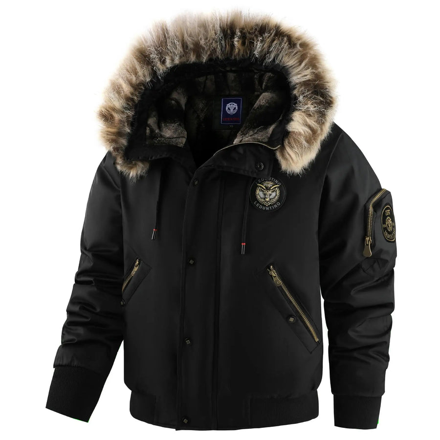 Chaqueta bomber de hombre con capucha ribeteada de piel sintética y forro cálido, negra