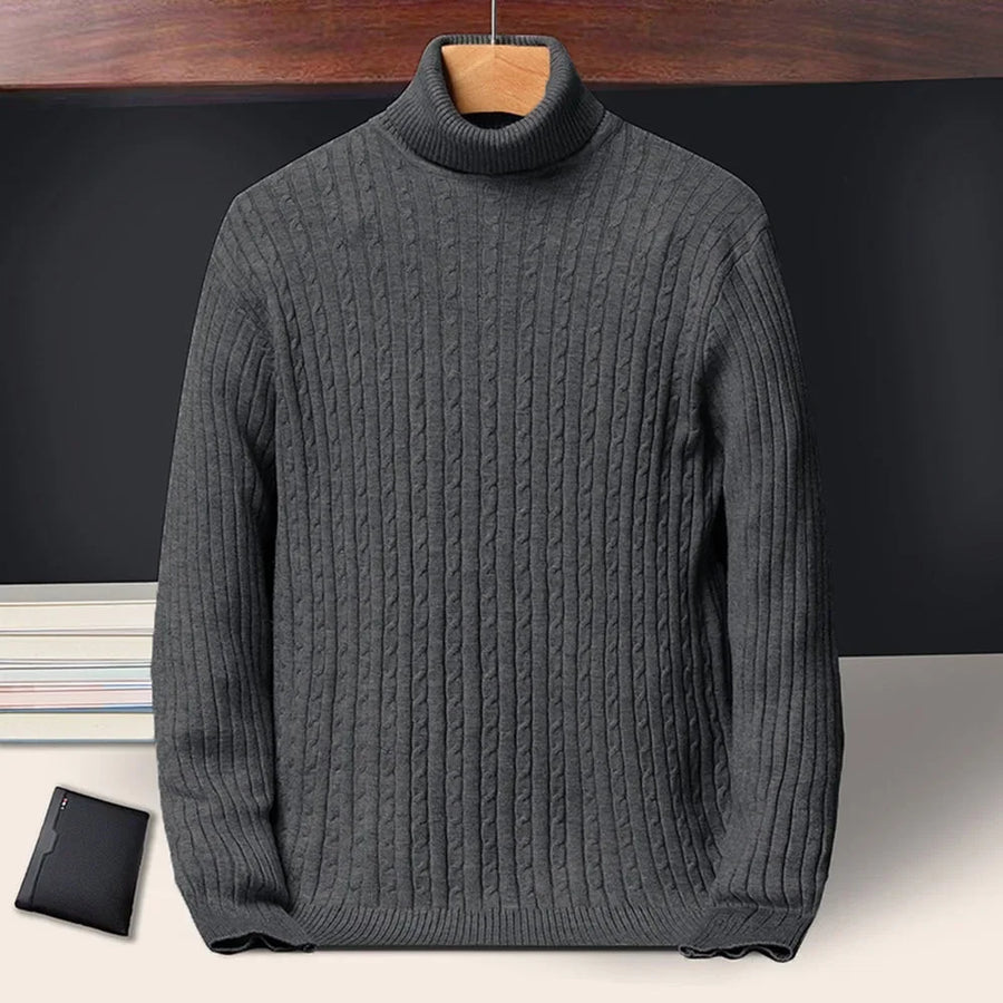 Pull Col Roulé Homme Torsadé Tricoté Couleur Unie Manches Longues
