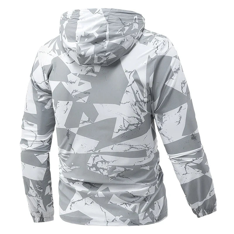 Chaqueta con capucha para hombre, estampado geométrico gris y blanco