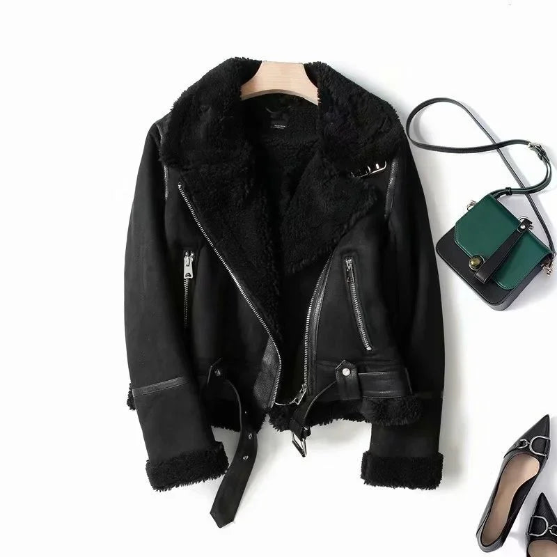 Women's Biker Aviator Jacket with Faux-Fur Collar and Lining - Black or Brown