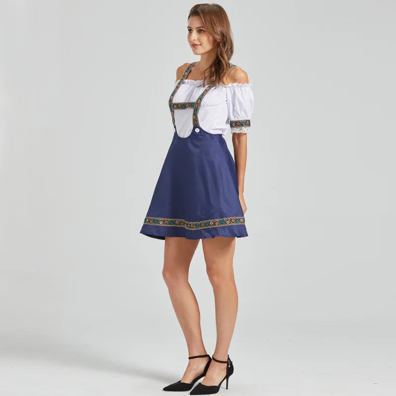 Bayersk dirndl-kjole til kvinder med bare skuldre, nederdel med stropper, broderi, hvid og marineblå
