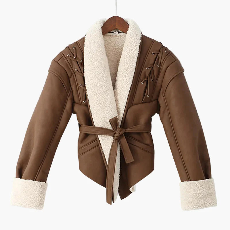 Chaqueta de invierno para mujer estilo aviador con cuello chal y cinturón – Elegancia casual para tiempo frío