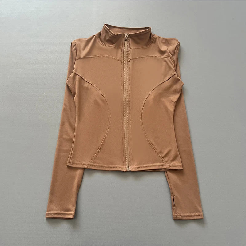 Chaqueta deportiva con cremallera para mujer, cuello alto, mangas largas y orificios para los pulgares, para entrenar