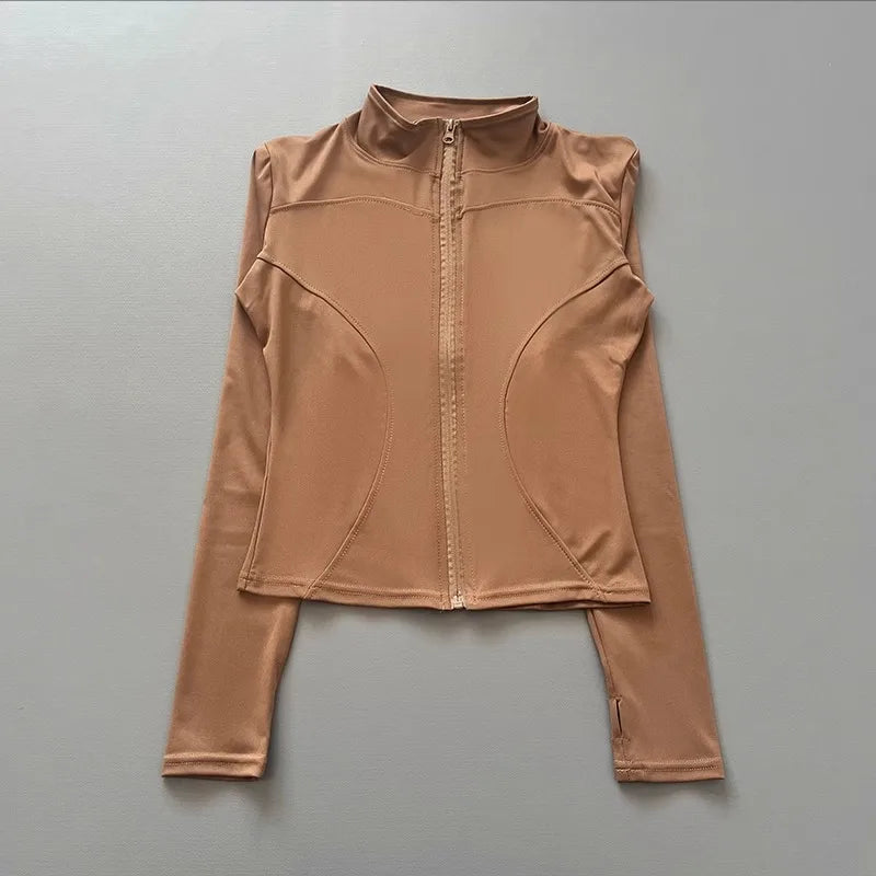 Chaqueta deportiva con cremallera para mujer, cuello alto, mangas largas y orificios para los pulgares, para entrenar